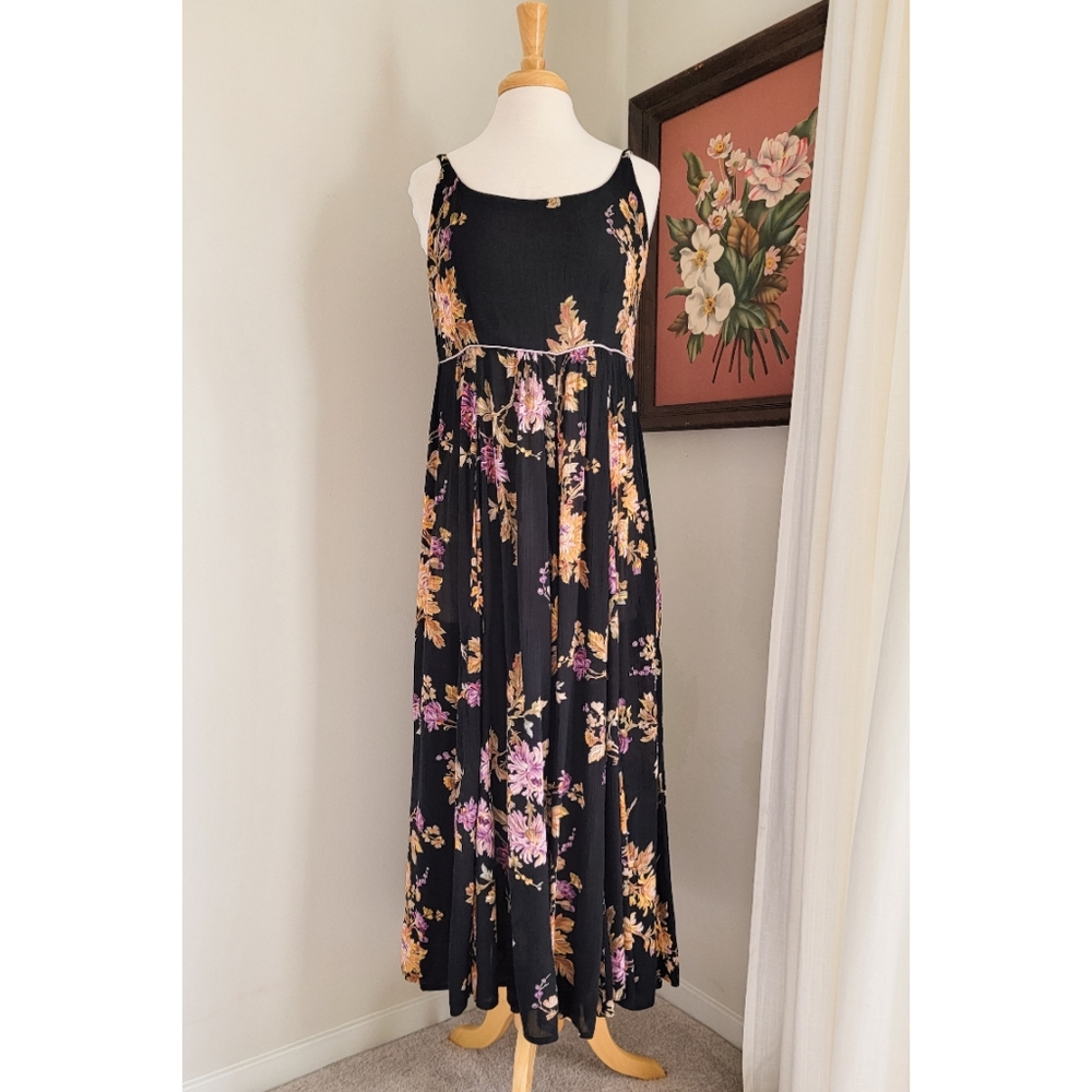 90s Black Floral Scoop Neck 1990s Vintage Flowy Feminine Rayon Gauze Maxi Dress - Picture 5 of 16